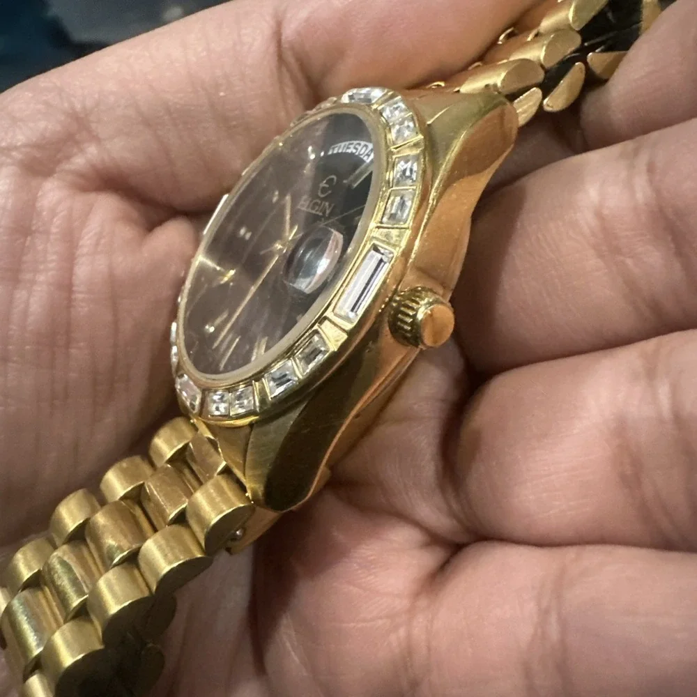 Elgin FG147 Calendar Gold Tone Unisex Watch Quartz 36mm Day Date New Battery